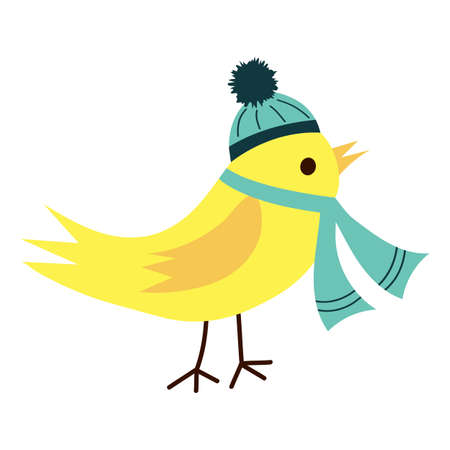 Cute yellow bird in hat and scarfのイラスト素材