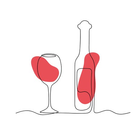 Continuous line art wine bottle and glass of red wine.のイラスト素材