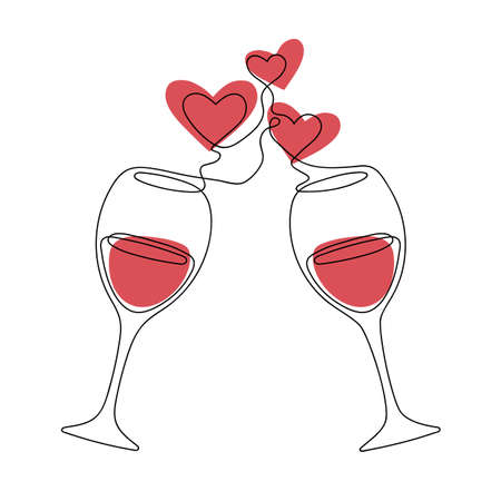 Continuous line art two glasses of red wine.のイラスト素材