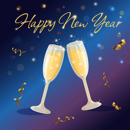 Two sparkling glasses of champagne with bubbles and serpentine.のイラスト素材