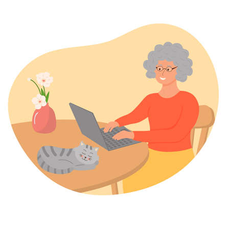 Happy grandma with a laptop, a cat and a vase with flowers.のイラスト素材