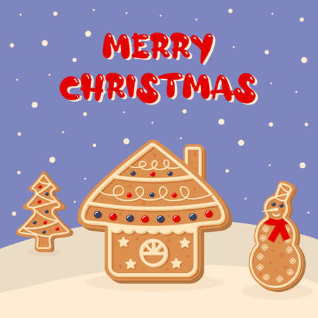 Winter landscape with gingerbread house, snowman and Christmas tree.のイラスト素材