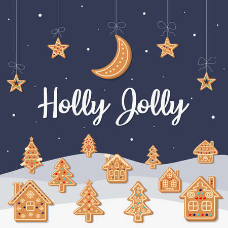 Winter landscape with gingerbread houses and trees. Gingerbread moon and stars is hanging.のイラスト素材