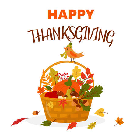 Happy Thanksgiving basket with pumpkin and leavesのイラスト素材