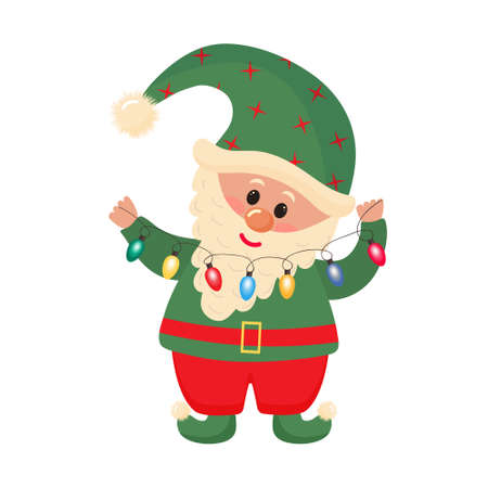 Cute gnome with Christmas garland. New Year character.のイラスト素材