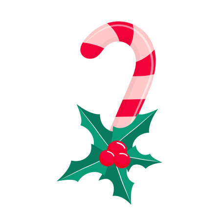 Christmas candy cane with holly leaves and berries. Vector illustration.のイラスト素材
