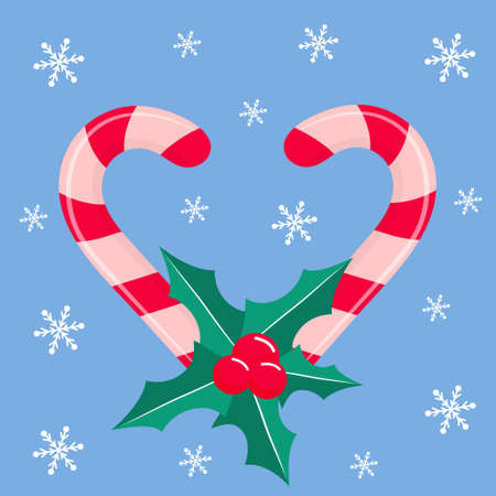 Christmas candy canes in the shape of heart with holly leaves and berries. There are snowflakes around. Christmas greerting card.のイラスト素材