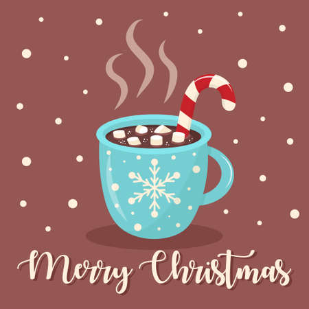 Christmas greeting card with mug of hot chocolate, marshmallows and candy cane. Merry Christmas text. It is snowing.のイラスト素材