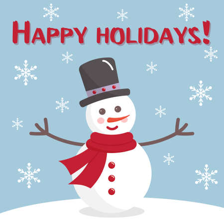 Happy holidays text with snowman and snowflakes. Christmas greeting card.のイラスト素材