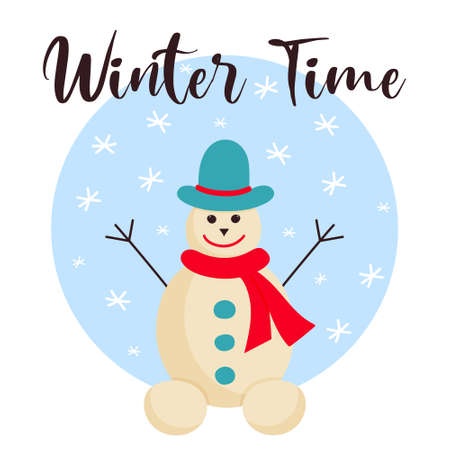 Snowman with hat, scarf and snowflakes. Winter time text. Christmas greeting card.のイラスト素材