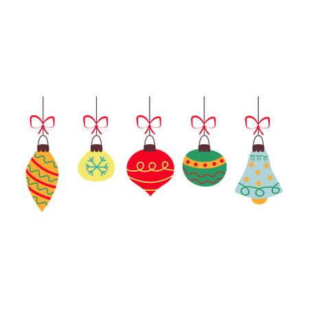 Christmas baubles with bows and different patterns. Vector illustration.のイラスト素材