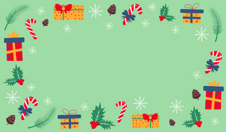 Christmas background with gifts, candy canes, hollies, fir twigs, cones and snowflakes.のイラスト素材
