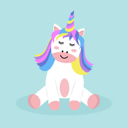 Cute baby unicorn sitting down. Cartoon mythical animal.のイラスト素材