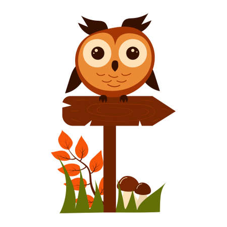 Cute owl is sitting on the wooden sign. Mushrooms, grass and branch of autumn leaves near the sign.のイラスト素材
