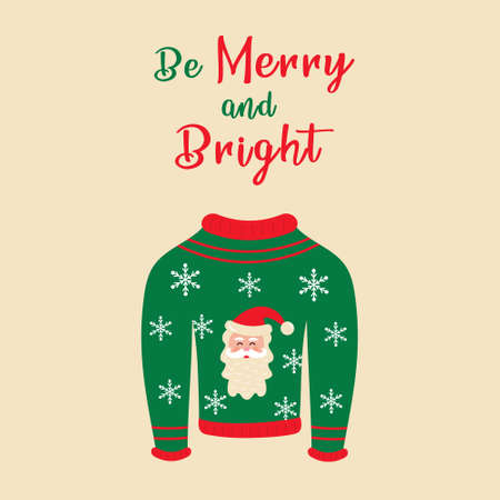Be merry and bright text and knitted sweater with Santa Claus and snowflakes. Greeting card.のイラスト素材