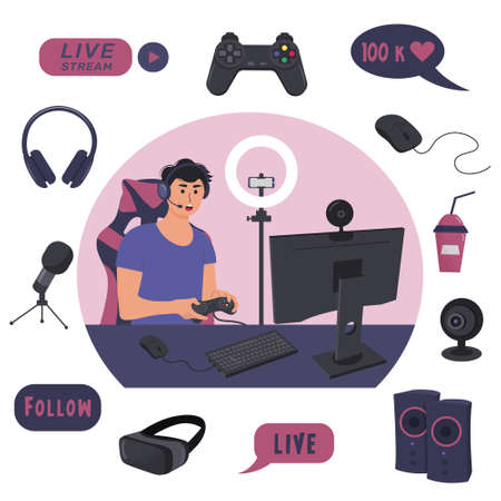 Streamer playing an online video game on computer and recording video using web camera and microphone. Digital game equipment elements around.のイラスト素材