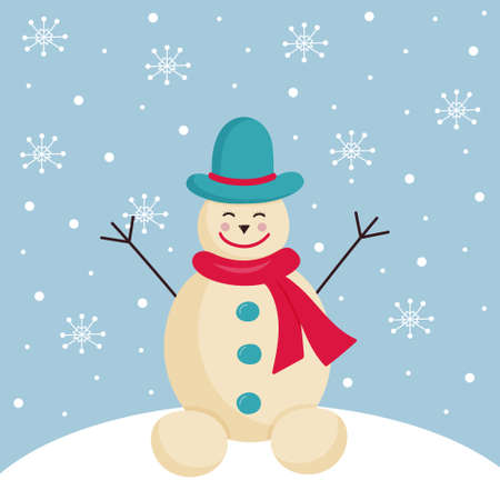 Happy snowman in a hat and scarf with snowflakes and snow. Christmas greeting card.のイラスト素材