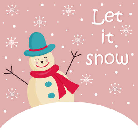 Snowman in a hat and scarf peeking out from behind a snowball. Let it snow text. Christmas greeting card.のイラスト素材