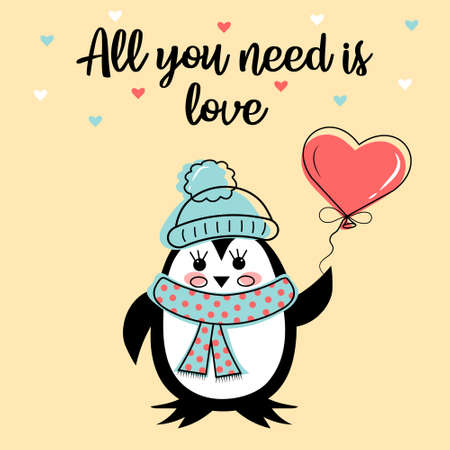 St. Valentine's Day card with cute penguin in hat and scarf and heart balloon. All you need is love text. Vector illustration.のイラスト素材