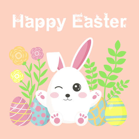 Happy Easter banner with bunny, eggs, flowers and twigs. Rabbit in the form of egg is winking. Vector illustration.のイラスト素材