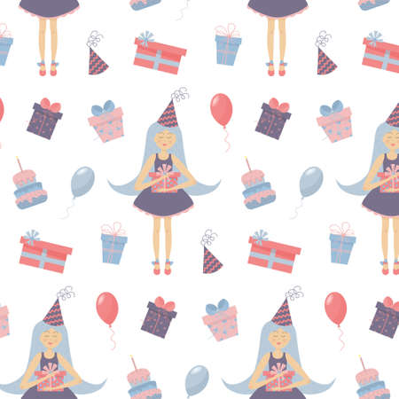 Seamless pattern with a girl, gift boxes, party hat, cake and balloons. Design for textile, fabric, wallpaper, wrapping, paper, scrapbook and packaging.のイラスト素材