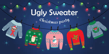 Ugly sweater Christmas party. Sweaters with different prints are hanging on clothespins. Garland with colorful bulbs is shining. Christmas and Happy New Year Invitation template on ugly sweater party.のイラスト素材