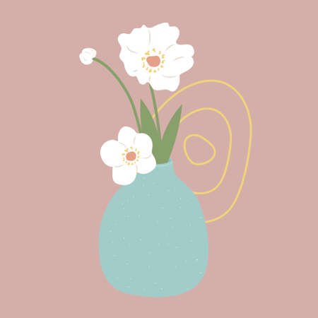 Abstract still life in pastel colors. Vase with white flowers and boho shapes in contemporary art. Vector illustration.のイラスト素材