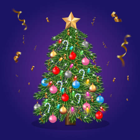 Decorated Christmas tree with colorful balls and christmas candies, bright star on the top. Can use for New year card.のイラスト素材