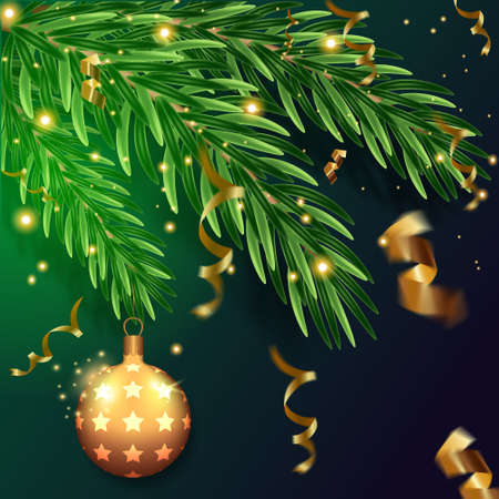 New year card. Christmas branch of pine, serpentine and gold Christmas ball. Winter Holiday Posters or banners design in modern realistic style.のイラスト素材