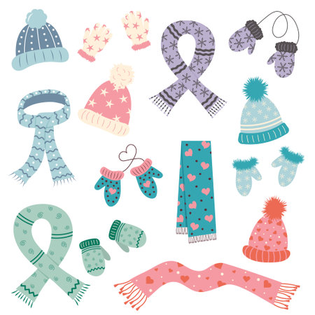 Set of scarfs, mittens, gloves and hats. Cute winter warm knitted clothes.のイラスト素材