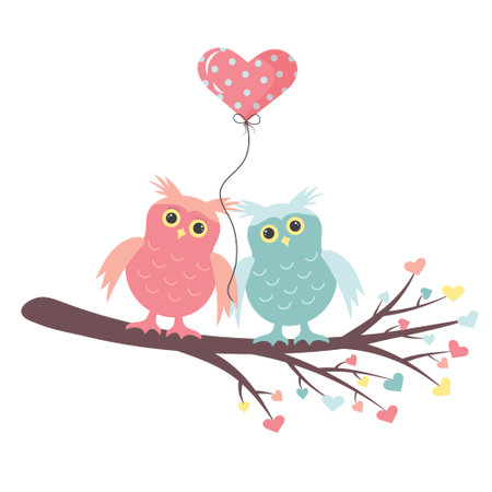 Owls in love are sittting on the branch with a balloon in the form of a heart. Branch with leaves in the form of hearts. Love and Valentine's day concept.のイラスト素材