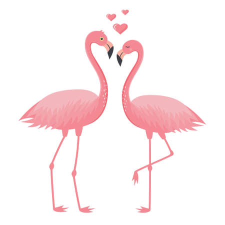 Couple of pink flamingos in love and hearts. Love and Valentine's day concept. Vector illustration.のイラスト素材