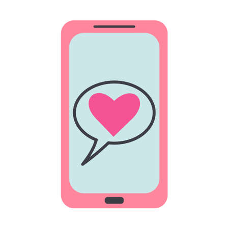 Mobile phone with heart on the screen. Sending love message concept. Vector flat illustration.のイラスト素材