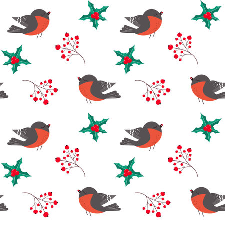Seamless pattern with bullfinch, holly leaves and sprig of red berries. Christmas decor, natural winter texture.のイラスト素材