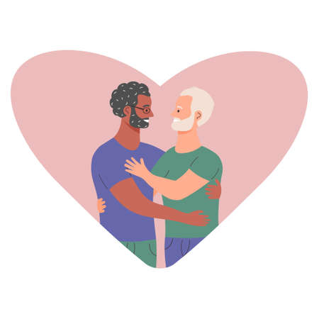 Happy older gay men couple is hugging on the background of heart. LGBT family and love concept. Homosexual greeting card for Valentine's Day.のイラスト素材