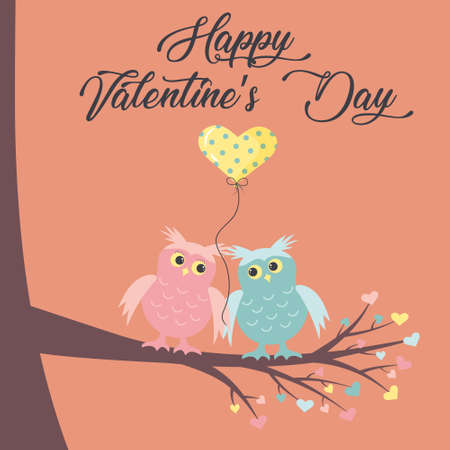 A pair of cute owls in love is sitting on the branch. A balloon in the form of a heart is between them. Happy Valentine's Day greeting card.のイラスト素材