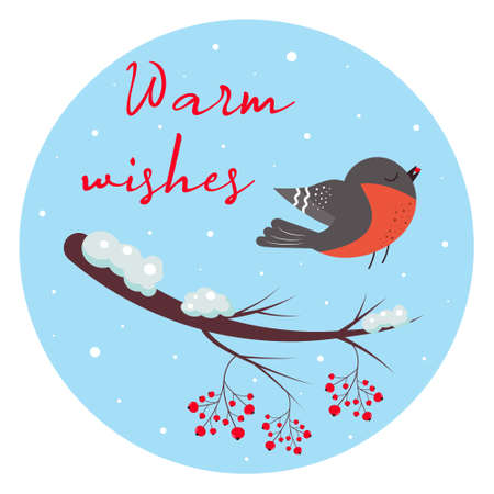 Cute bullfinch with rowan berry and winter branch with berries. Warm wishes lettering. Greeting card.のイラスト素材