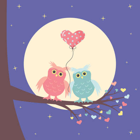 A pair of cute owls in love is sitting on the branch. The moon and stars are behind and a balloon in the form of a heart is between them. Love and Valentine's day concept.のイラスト素材
