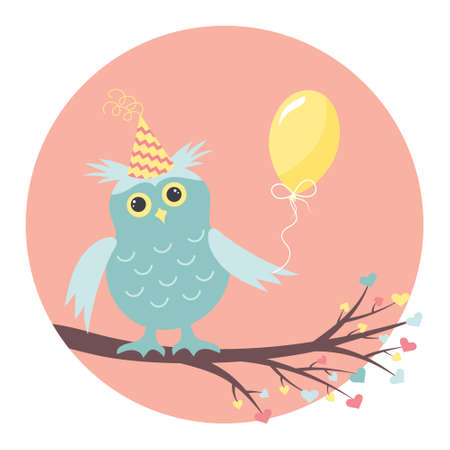 Cute baby owl with balloon sitting on the branch. Happy birthday greeting card. Vector illustration.のイラスト素材