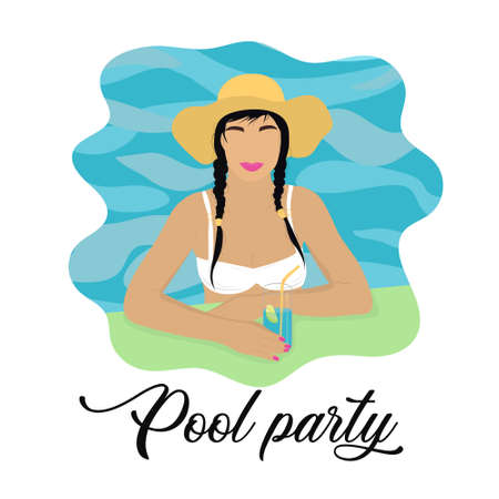 Pool party invitation baner with girl in hat in the swimming pool. A glass of cocktail in her hand.のイラスト素材