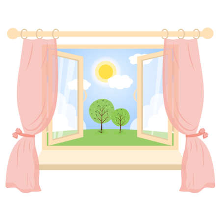 Open window with pink curtains, sunny day scene view. Landscape from the window.のイラスト素材