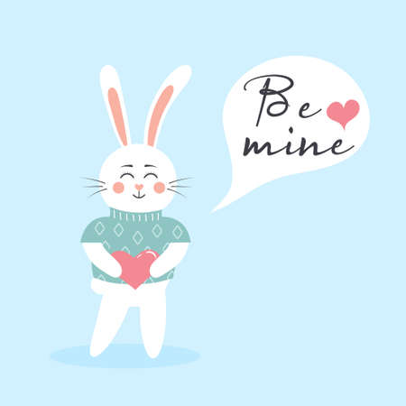 Cute Easter bunny boy in a sweater with heart. Scandinavian happy baby rabbit with text: Be mine in a speech bubble. Valentine's day postcard.のイラスト素材