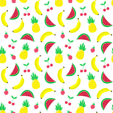 Exotic fruit seamless pattern with banana, pineapple, watermelon, cherry and strawberry. Bright...