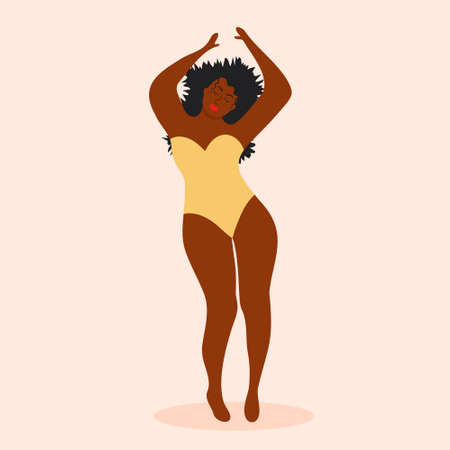 Plus size african american woman in swimsuit is dancing. Body positive, acceptance, feminism, fitness, sport concept. vector illustration.のイラスト素材