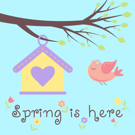Greeting card with a birdhouse and flying bird. Text Spring is here. Perfect for greeting cards, sale badges, scrapbook, poster, cover, tag, invitation.のイラスト素材