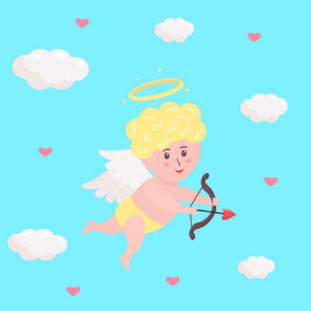 Cute cupid baby with heart arrow, bow and halo. Cherub character with angel wings is flying among clouds and hearts. Valentine's Day postcard.のイラスト素材
