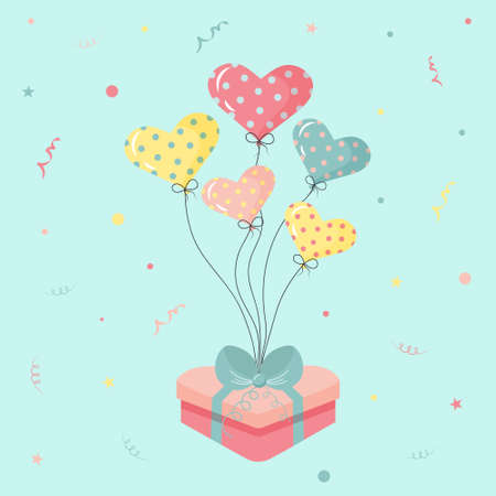 Heart shaped gift box with bow tied to heart inflatable gel balloons. Birthday party or Valentine's day concept. vector illustration.のイラスト素材