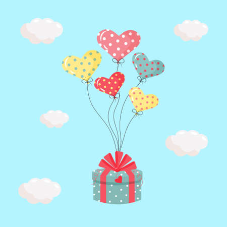 Gift box with a bow tied to heart inflatable gel balloons in the sky. Birthday party or Valentine's day concept. vector illustration.のイラスト素材