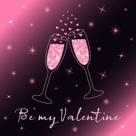 Two sparkling glasses of champagne with pink glitter and heart bubbles. Be my Valentine lettering. Valentine's day greeting card. Colorful dark background with stars light.のイラスト素材