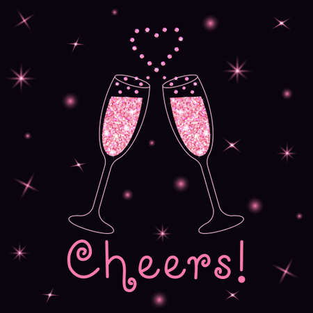 Two sparkling glasses of champagne with pink glitter and heart-shaped splash. Cheers lettering. Dark background with star light. Celebration concept.のイラスト素材
